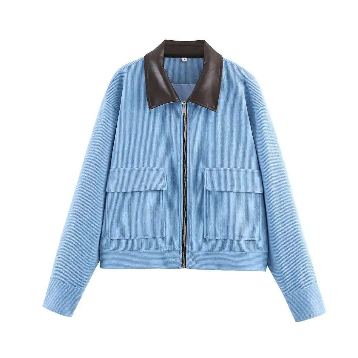 Chaqueta cropped de pana rosa con cuello de cuero y cremallera